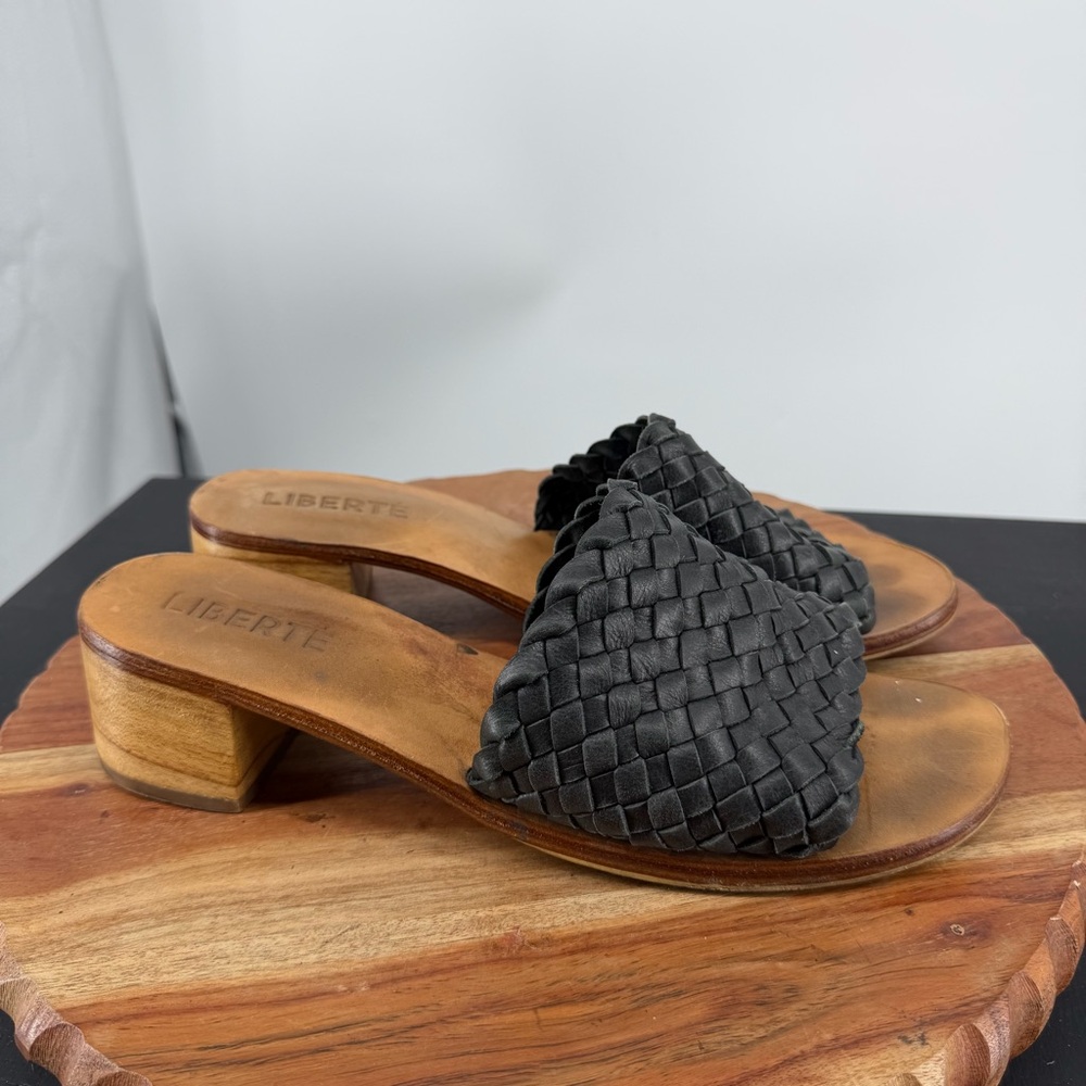 Liberte‎ Santorini Women's 11 Black Leather Woven Peep Toe Block Heel Sandals 42